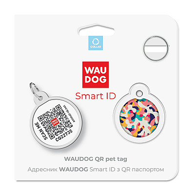 Адресник для собак и кошек металлический WAUDOG Smart ID с QR паспортом, рисунок "Камо разноцветный", круг, Д 25 мм