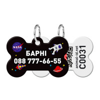 Адресник для собак та котів персоналізований металевий WAUDOG Smart ID з QR паспортом, М, малюнок "NASA", кістка, Д 38 мм, Ш 26 мм