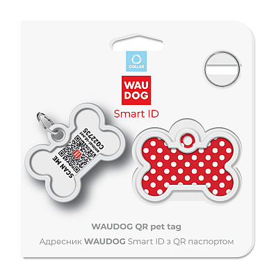 Адресник для собак і котів металевий WAUDOG Smart ID з QR паспортом, малюнок "Горох", кістка, Д 40 мм, Ш 28 мм