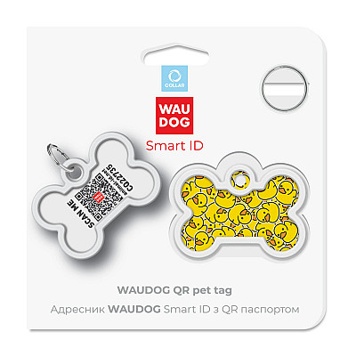 Адресник для собак и кошек металлический WAUDOG Smart ID с QR паспортом, рисунок "Утки", кость, Д 40 мм, Ш 28 мм