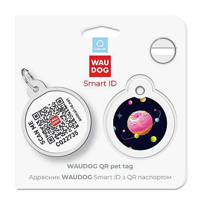 Адресник для собак і котів металевий WAUDOG Smart ID з QR паспортом, малюнок "Всесвіт пончиків", коло, Д 30 мм