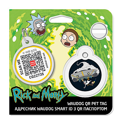 Адресник для собак і котів металевий WAUDOG Smart ID з QR паспортом, малюнок "Рік та Морті 1", коло, Д 30 мм