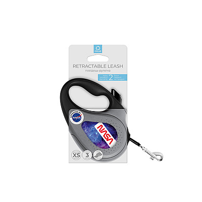 Повідець-рулетка для собак WAUDOG R-leash, малюнок "NASA21", XS, до 12 кг, 3 м, світловідбиваюча стрічка чорний