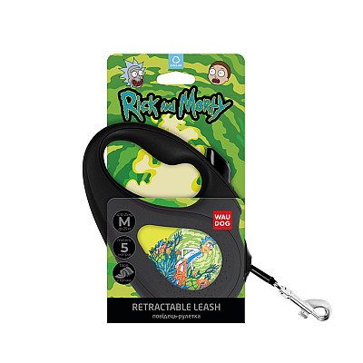 Повідець-рулетка для собак WAUDOG R-leash, малюнок "Рік та Морті 2", M, до 25 кг, 5 м, світловідбиваюча стрічка чорний