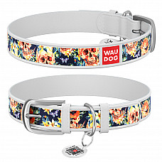 Нашийник WAUDOG Design з малюнком "Гамурні черепи", преміум шкіра, металева пряжка (ширина 20 мм, довжина 30-39 см) білий