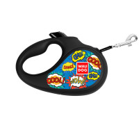 Поводок-рулетка для собак WAUDOG R-leash, рисунок "ВАУ", S, до 15 кг, 5 м, светоотражающая черная лента
