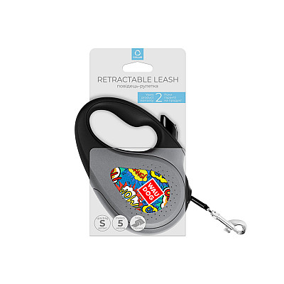 Поводок-рулетка для собак WAUDOG R-leash, рисунок "ВАУ", S, до 15 кг, 5 м, светоотражающая черная лента