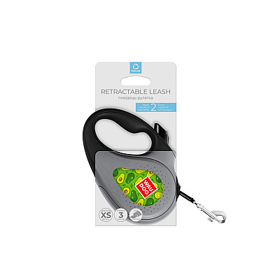 Поводок-рулетка для собак WAUDOG R-leash, рисунок "Авокадо", XS, до 12 кг, 3 м, светоотражающая лента черный