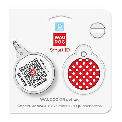 Адресник для собак і котів металевий WAUDOG Smart ID з QR паспортом, малюнок "Горох", коло, Д 30 мм