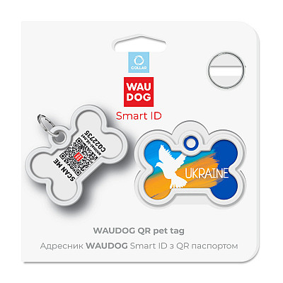 Адресник для собак і котів металевий WAUDOG Smart ID з QR паспортом, малюнок "Прапор", кістка, Д 40 мм, Ш 28 мм