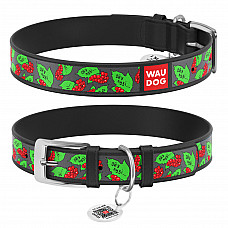 Нашийник для собак шкіряний WAUDOG Design з QR паспортом, малюнок "Калина", XS, Ш 12 мм, Дов 20-28 см, чорний