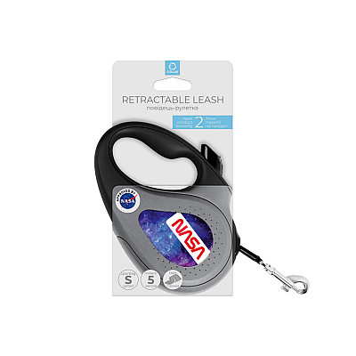 Повідець-рулетка для собак WAUDOG R-leash, малюнок "NASA21", S, до 15 кг, 5 м, світловідбиваюча стрічка чорний