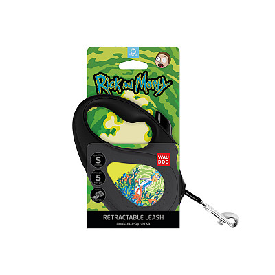 Повідець-рулетка для собак WAUDOG R-leash, малюнок "Рік та Морті 2", S, до 15 кг, 5 м, світловідбиваюча стрічка чорний