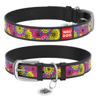 Ошейник WAUDOG Design с рисунком "Весна", премиум кожа, металлическая пряжка (ширина 15 мм, длина 27-36 см) черный