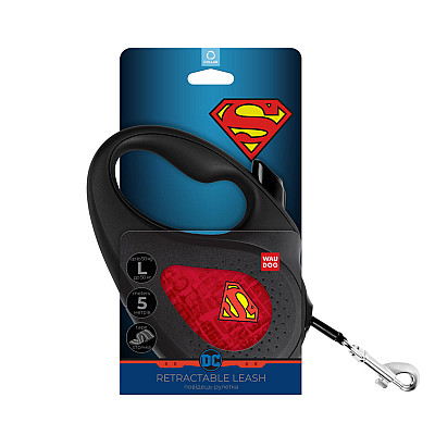 Поводок-рулетка для собак WAUDOG R-leash, рисунок "Супермен Лого красный", L, до 50 кг, 5 м, светоотражающая черная лента