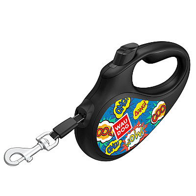 Повідець-рулетка для собак WAUDOG R-leash, малюнок "ВАУ", M, до 25 кг, 5 м, світловідбиваюча стрічка чорний