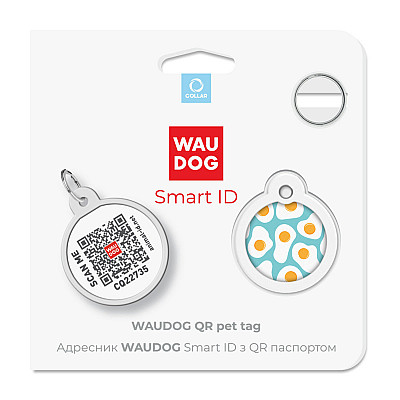 Адресник для собак и кошек металлический WAUDOG Smart ID с QR паспортом, рисунок "Яичница", круг, Д 25 мм