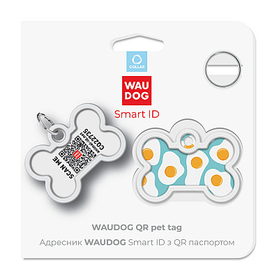 Адресник для собак и кошек металлический WAUDOG Smart ID с QR паспортом, рисунок "Яичница", кость, Д 40 мм, Ш 28 мм