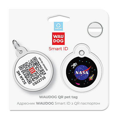 Адресник для собак і котів металевий WAUDOG Smart ID з QR паспортом, малюнок "NASA", коло, Д 30 мм