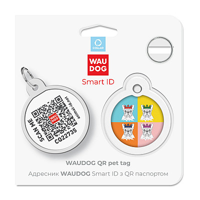 Адресник для собак і котів металевий WAUDOG Smart ID з QR паспортом, малюнок "Французький бульдог", коло, Д 30 мм