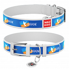 Нашийник для собак шкіряний WAUDOG Design з QR паспортом, малюнок "Прапор", XL, Ш 35 мм, Дов 46-59 см, білий