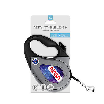Повідець-рулетка для собак WAUDOG R-leash, малюнок "NASA21", M, до 25 кг, 5 м, світловідбиваюча стрічка чорний