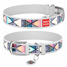 Ошейник WAUDOG Design с рисунком "Бохо", премиум кожа, металлическая пряжка (ширина 12 мм, длина 21-29 см) белый