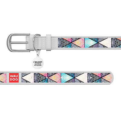 Ошейник WAUDOG Design с рисунком "Бохо", премиум кожа, металлическая пряжка (ширина 12 мм, длина 21-29 см) белый