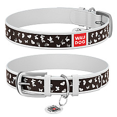 Ошейник WAUDOG Design с рисунком "Бабочки", премиум кожа, металлическая пряжка (ширина 15 мм, длина 27-36 см) белый