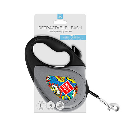 Повідець-рулетка для собак WAUDOG R-leash, малюнок "ВАУ", L, до 50 кг, 5 м, світловідбиваюча стрічка
