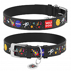 Нашийник для собак шкіряний WAUDOG Design з QR паспортом, малюнок "NASA", Ш 12 мм, Дов 20-28 см, чорний