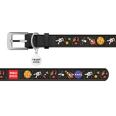 Нашийник для собак шкіряний WAUDOG Design з QR паспортом, малюнок "NASA", Ш 12 мм, Дов 20-28 см, чорний