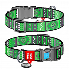 Ошейник для собак нейлоновый WAUDOG Nylon с QR паспортом, рисунок "Этно зеленый", пластиковый фастекс, Ш 20 мм, Длин 28-40 см