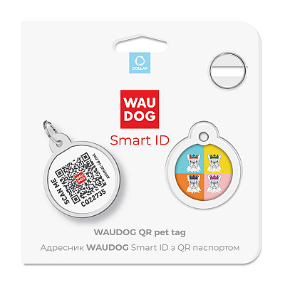 Адресник для собак та котів металічний WAUDOG Smart ID з QR паспортом, малюнок "Французький бульдог", круг, Д 25 мм