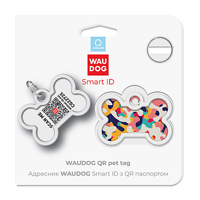 Адресник для собак и кошек металлический WAUDOG Smart ID с QR паспортом, рисунок "Камо разноцветный", кость, Д 40 мм, Ш 28 мм