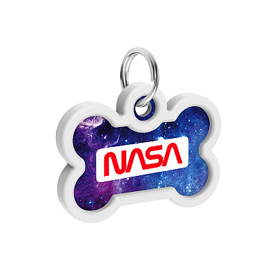 Адресник для собак і котів металевий WAUDOG Smart ID з QR паспортом, малюнок "NASA21", кістка, Д 40 мм, Ш 28 мм