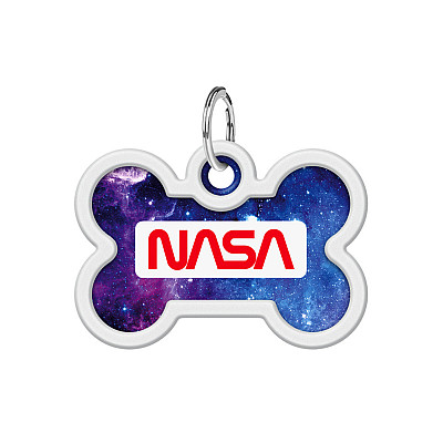 Адресник для собак і котів металевий WAUDOG Smart ID з QR паспортом, малюнок "NASA21", кістка, Д 40 мм, Ш 28 мм