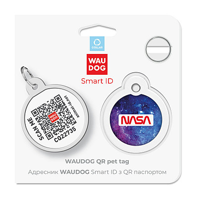 Адресник для собак и кошек металлический WAUDOG Smart ID с QR паспортом, рисунок "NASA21", круг, Д 30 мм
