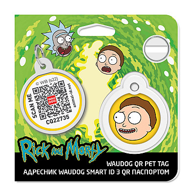Адресник для собак і котів металевий WAUDOG Smart ID з QR паспортом, малюнок "Рік та Морті 2", коло, Д 30 мм
