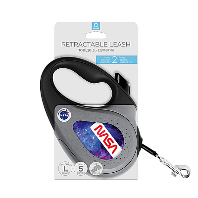 Повідець-рулетка для собак WAUDOG R-leash, малюнок "NASA21", L, до 50 кг, 5 м, світловідбиваюча стрічка чорний