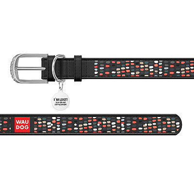 Нашийник WAUDOG Design з малюнком "Веселі крапки", преміум шкіра, металева пряжка (ширина 20 мм, довжина 30-39 см) чорний