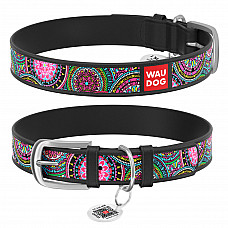 Нашийник WAUDOG Design з малюнком "Мандали", преміум шкіра, металева пряжка (ширина 12 мм, довжина 19-25 см) чорний
