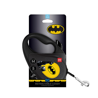Поводок-рулетка для собак WAUDOG R-leash, рисунок "Бэтмен Желтый", M, до 25 кг, 5 м, светоотражающая черная лента