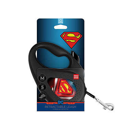 Поводок-рулетка для собак WAUDOG R-leash, рисунок "Супермен Лого", M, до 25 кг, 5 м, светоотражающая лента