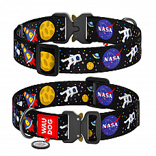 Ошейник для собак нейлоновый WAUDOG Nylon с QR паспортом, рисунок "NASA", металлическая пряжка-фастекс, XXL, Ш 35 мм, Д 46-70 см