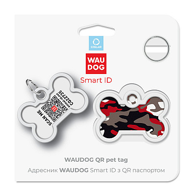 Адресник для собак и кошек металлический WAUDOG Smart ID с QR паспортом, рисунок "Камо серый", кость, Д 40 мм, Ш 28 мм