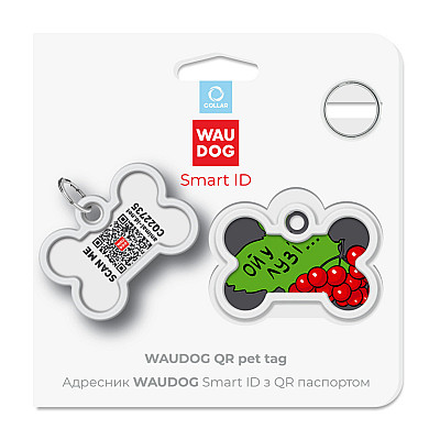 Адресник для собак і котів металевий WAUDOG Smart ID з QR паспортом, малюнок "Калина", кістка, Д 40 мм, Ш 28 мм
