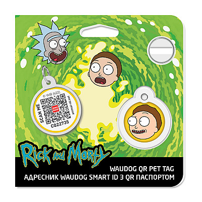 Адресник для собак і котів металевий WAUDOG Smart ID з QR паспортом, малюнок "Рік та Морті 2", коло, Д 25 мм