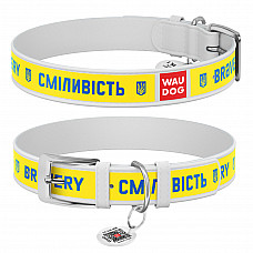 Нашийник для собак шкіряний WAUDOG Design з QR паспортом, малюнок "Сміливість", XL, Ш 35 мм, Дов 46-59 см, білий