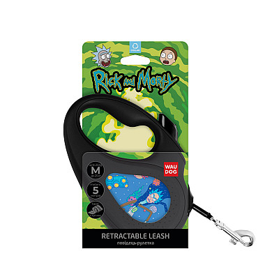 Повідець-рулетка для собак WAUDOG R-leash, малюнок "Рік та Морті 3", M, до 25 кг, 5 м, світловідбиваюча стрічка чорний